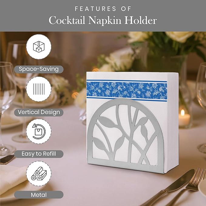 Napkin Holder for Table | Upright Napkin Stand with Decorative Leaf & Branch Design, Modern Metal Napkin Holder for Kitchen, Dining, Café, Office | Rust-Resistant Silver Finish