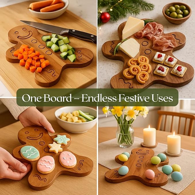 Aurah Gingerbread Shaped Acacia Wood Cutting Board for Kitchen Decorative - Wooden Charcuterie Serving Platter Snack, Fruit & Cheese - Housewarming, Wedding Gifts (13.5 x 10.5 Inch)