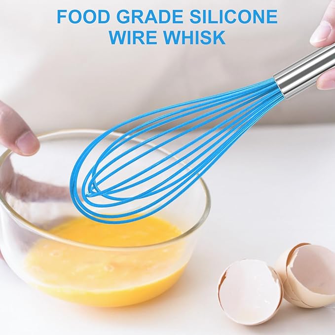 NileHome Whisk Commercial Stainless Steel wisk & Silicone Non-Stick Coated Small Whisk Set 8" 10" 12" Kitchen Wisk Wire Whisks for Cooking 3 Pack, Bule
