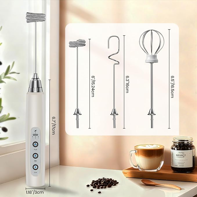 Colarlemo Milk Frother Handheld Rechargeable, Frother Wand Drink Mixer Electric Whisk for Coffee, Detachable With 3 Stainless Whisks, Hand Mixer for Lattes, Cappuccino, Matcha, Egg, No Stand, Beige