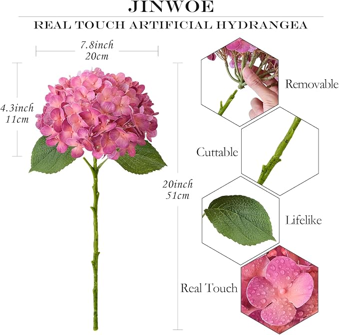 JINWOE Magenta Pink Hydrangea Artificial Flowers, 4Pcs Lifelike Latex Silk Real Touch Faux Hydrangea Flowers, Artificial Hydrangeas Bouquet for Wedding Centerpieces Tables Party Home