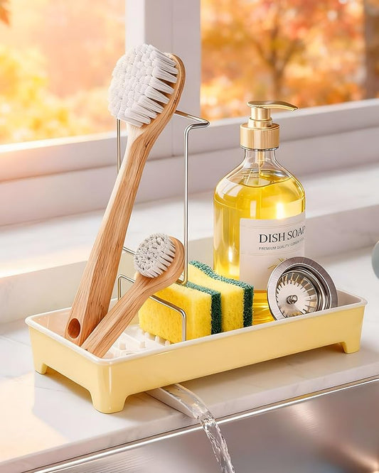 Minimalist Sink Caddy, Rustproof Sponge Holder for Kitchen Sink with 304 Stainless-Steel Brush Holder, Countertop Rack Organizer with Raised Ridges & Silicone Drain Tube (Pastel Yellow, Large)