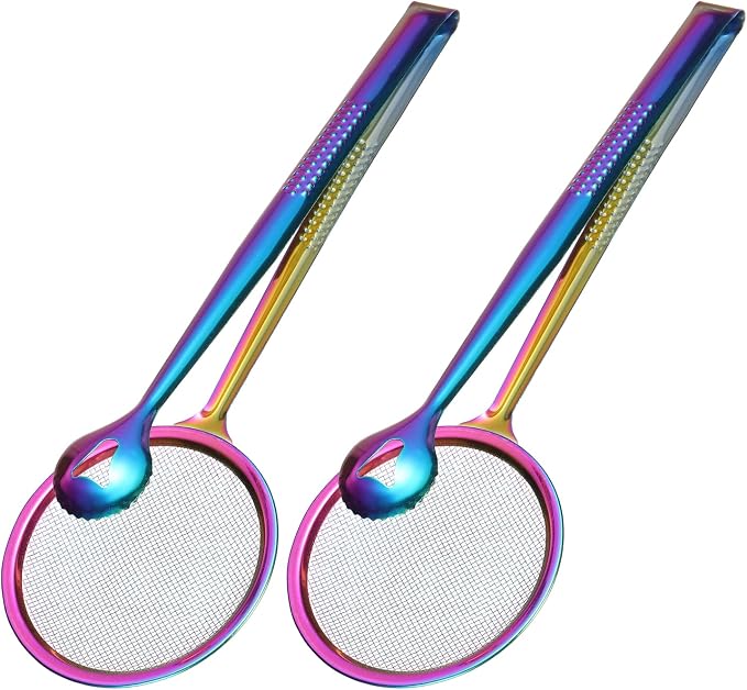 uxcell 2Pcs Stainless Steel Strainer Tongs, 11.2" Multi-Functional Food Strainer with Clip Fine Mesh Oil Filter Skimmer Hot Pot Clips for Kitchen Tool Restaurant Frying Cooking, Colorful