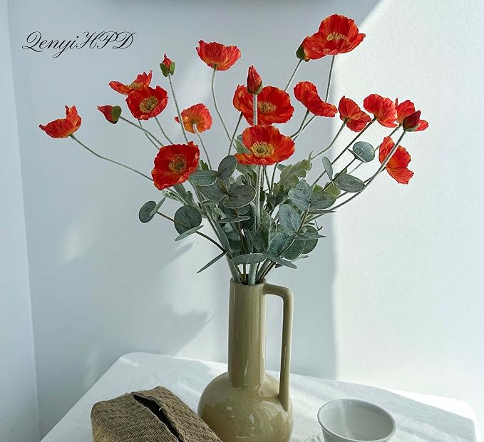 Artificial Poppy Flowers and Eucalyptus Stems for vase, Fake Blush Pink Silk Flowers Arrangement for Home Dining Kitchen Table Centerpieces, Office Decor, Farmhouse Decor (Blush Pink)
