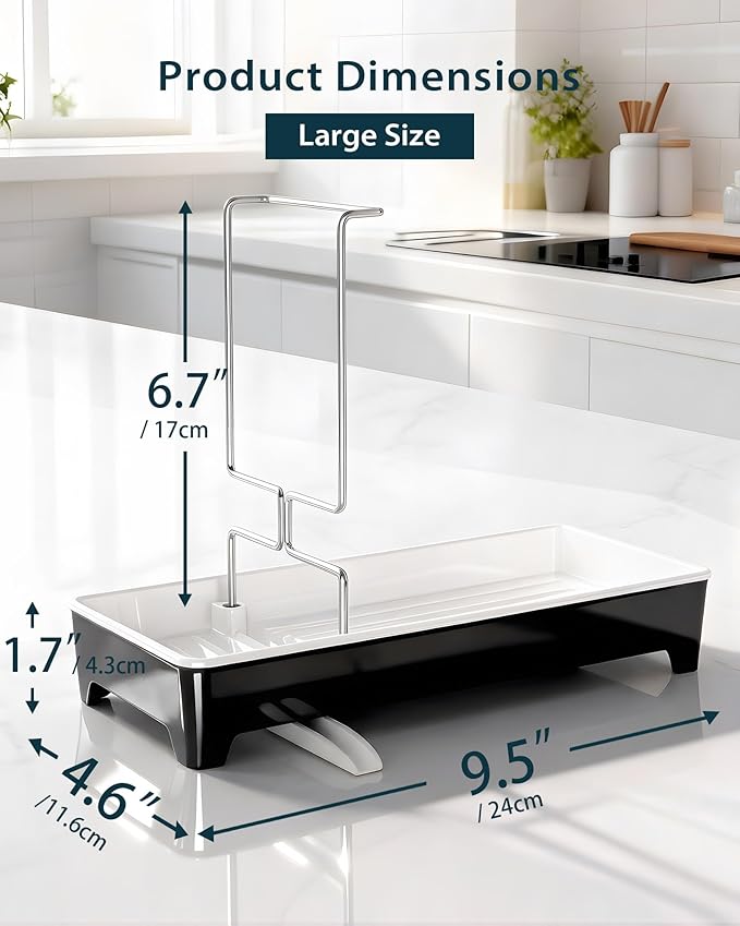 Minimalist Sink Caddy, Rustproof Sponge Holder for Kitchen Sink with 304 Stainless-Steel Brush Holder, Countertop Rack Organizer with Raised Ridges & Silicone Drain Tube (Black, Large)