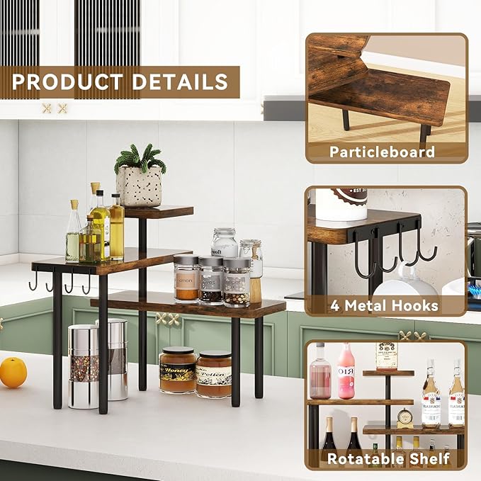 IBUYKE Kitchen Countertop Organizer,Set of 2,3-Tier Wooden Spice Racks,Bathroom Counter Organizer,Rotating Adjustable,Corner Shelf for Kitchen,Coffee Bar, Cabinet, Desk,Rustic Brown,TLJ023H-2