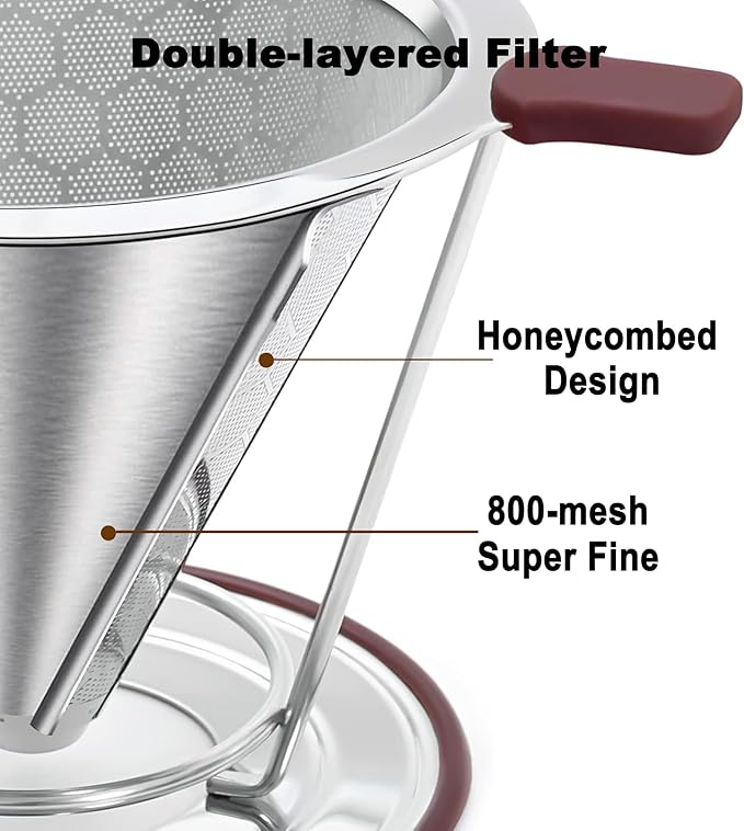 Pour Over Coffee Dripper - 304 Stainless Steel Filter, Paperless & Reusable Dual-Layer Metal with Base, 800 Mesh Steel Cone Filter, for 1-6 Cups Brew Coffee Maker (Brown)