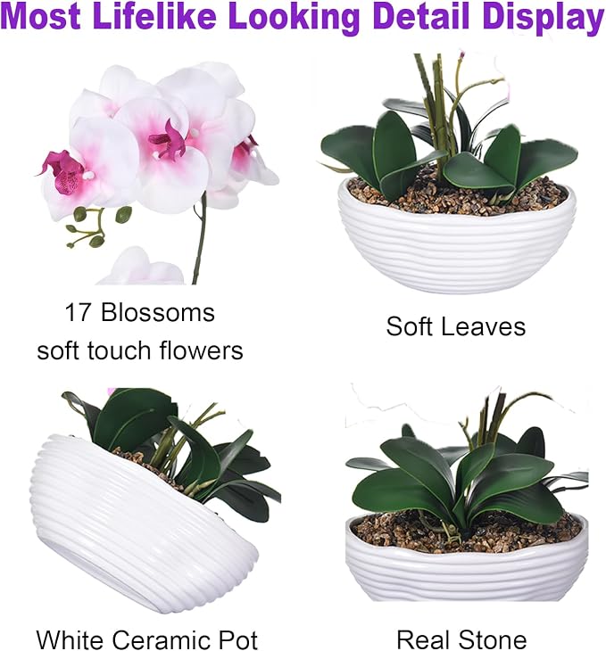 19" H Phalaenopsis Faux Orchid Plant Silk Orchid Centerpiece Artificial Floral Arrangement in Ceramic Pot (White and Pink)