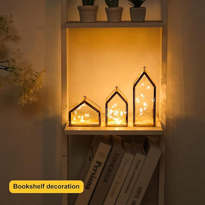 Glass Candle Holder Set of 3, Gold Metal & Textured Glass House-Shaped Candle Holders for Elegant Home Decor, Wedding Table Decor, Mantel & Living Room Accents
