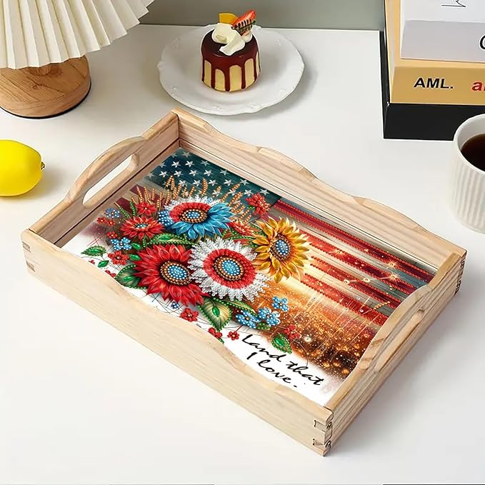 DIY Diamond Art Painting Serving Tray Creative Design Handmade Wooden Rectangular Snack Tray Dinner Plate Drill Craft for Coffee Living Room Home Organizer-USA Sunflower