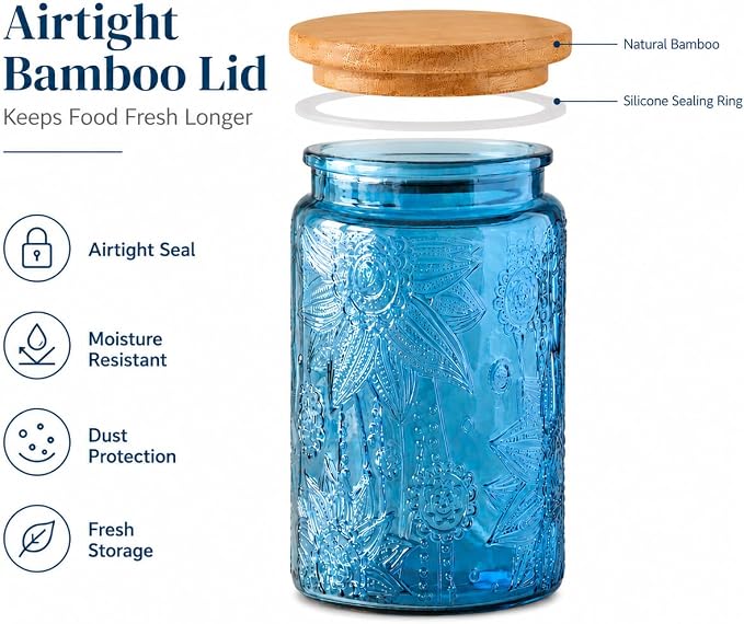ANSQU Blue Glass Jars, 34oz Vintage Glass Kitchen Storage Counter Jar, Candy Jars with Lids, Decorative Mason Jars Hold Coffee Beans, Tea, Cookie, Sugar, Bath Salts (Blue, 2 Pack)