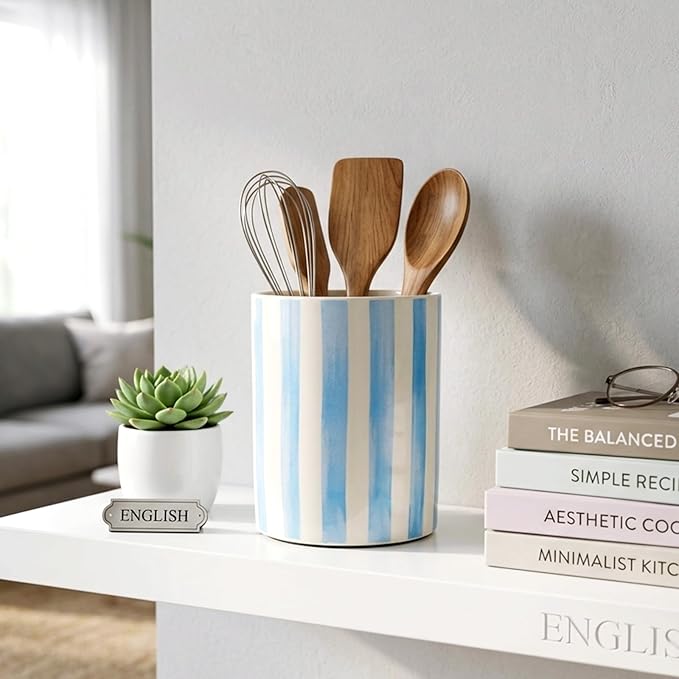 JarThenaAMCS Blue White Stripe Ceramic Utensil Holder Utensil Crock for Home Kitchen Countertop Storage Organizer Container