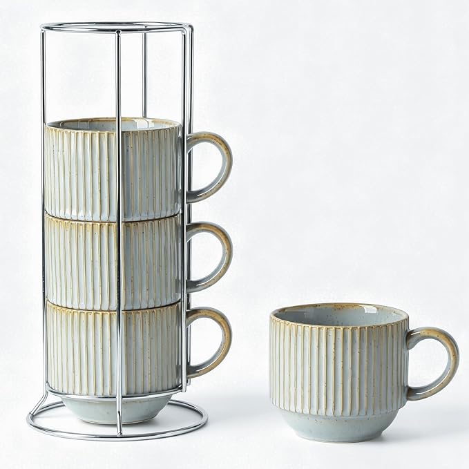 HASENSE Stackable Coffee Mugs, 15 Oz Ceramic Coffee Mugs with Stand, Vertical Striped Coffee Cups Set of 4 with Handle, Space-Saving Suitable for Kitchens and Coffee Nook, Blue-Gray