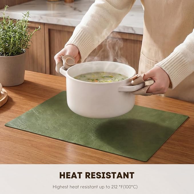 Artoid Mode Olive Green Faux Leather Placemats Set of 8, 12x18 Inch Waterproof Wipeable Heat Resistant Vinyl Place Mats, Reversible Table Mats for Kitchen Dining Decor