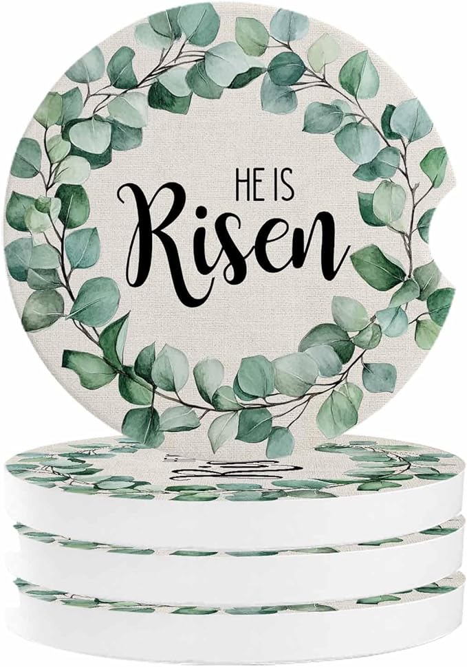 Car Coasters for Cup Holders 2.6"Dia Absorbent Coasters Set of 4 Car Interior Accessories for Women Men Spring Summer Eucalyptus Leaves Linen Bottom Ceramic Car Coaster for Drinks with Finger Grooves