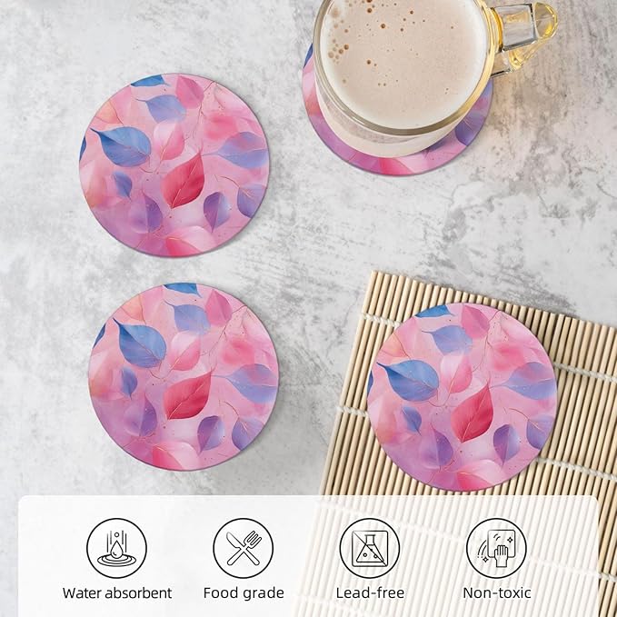Pink Blue Leaves Coasters Set of 4 Absorbent Ceramic Coasters for Drinks Modern Cup Coaster with Cork Backing Cute Stone Coaster Housewarming Gifts 4.1 Inches