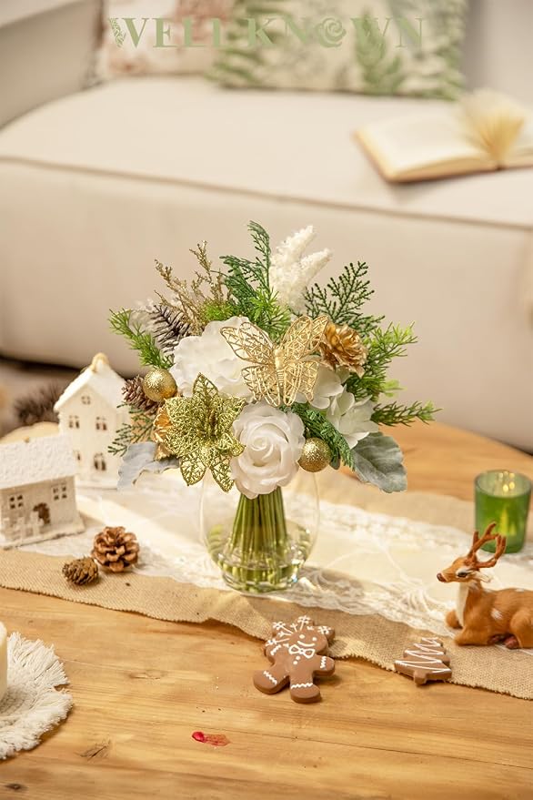 Fake Flowers in Vase with Fake Water, Golden Poinsettia & Butterfly, Artificial Rose Flowers Arrangement for Dining Table Centerpiece Wedding Party Winter Spring Home Decor Gift (Gold White & Green)