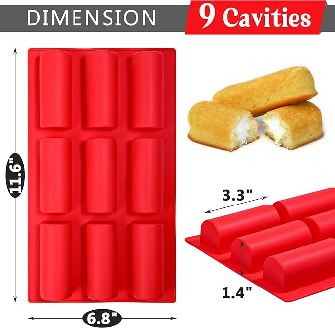 Webake Twinkie Pan Silicone Mini Log Cake Mold For 3D Cylinder Mousse, DIY Pudding Cake Molds Oblong 9 Cavity (Red)