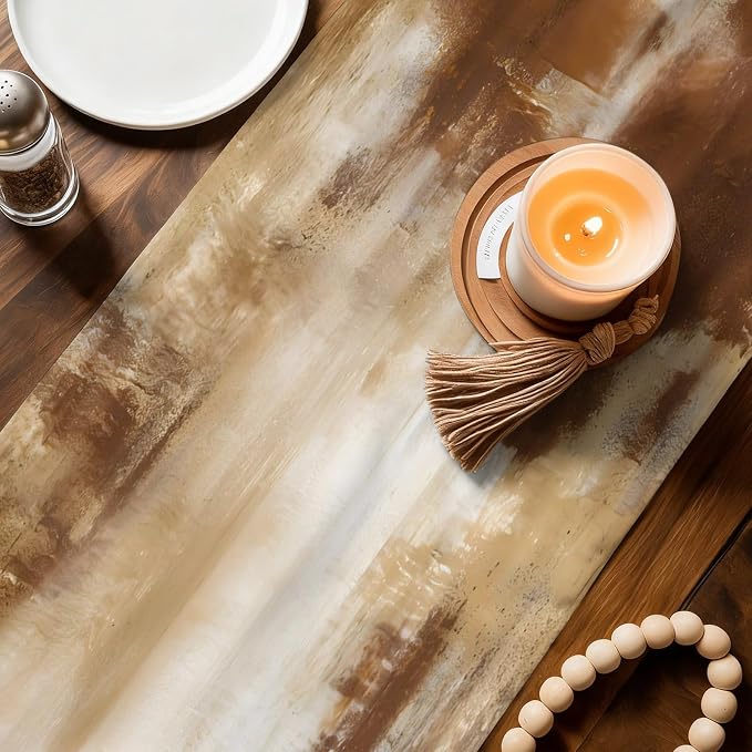 Abstract Minimalist Table Runners 108 Inches Long, Cotton Linen Fabric Table Runner Dresser Scarf, Modern Bohemia Aesthetic Ombre Brown Tablerunner for Party/Kitchen/Dinner/Wedding Decor 13"x108"
