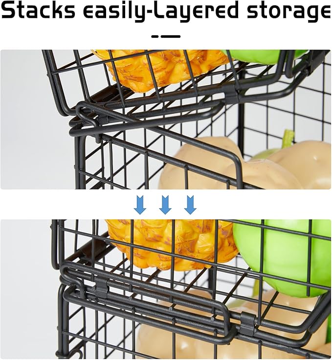2-Tier Stackable Wire Baskets for Counter, Potato and Onion Storage Bin, Fruit and Vegetable Storage Bins with Ventilated Mesh，Kitchen Pantry Organizer - Wall Basket for Produce/Snack/Can, Black