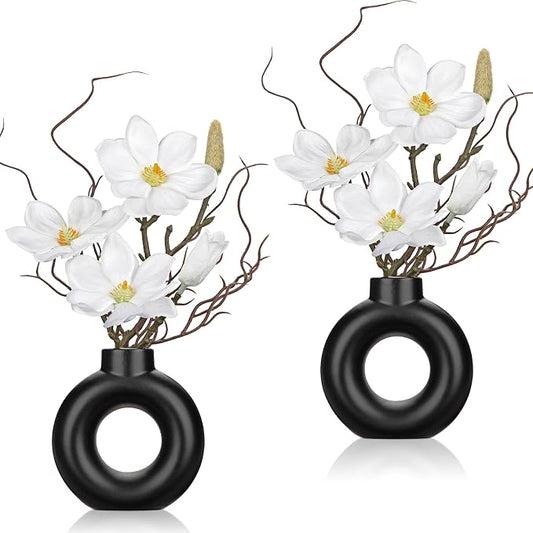 Briful 2PCS Magnolia Artificial Flowers with Black Vase White Magnolia Floral Arrangement Faux Potted Silk Flowers for Home Office Bathroom Kitchen Shelf Table Centerpiece Modern Decor
