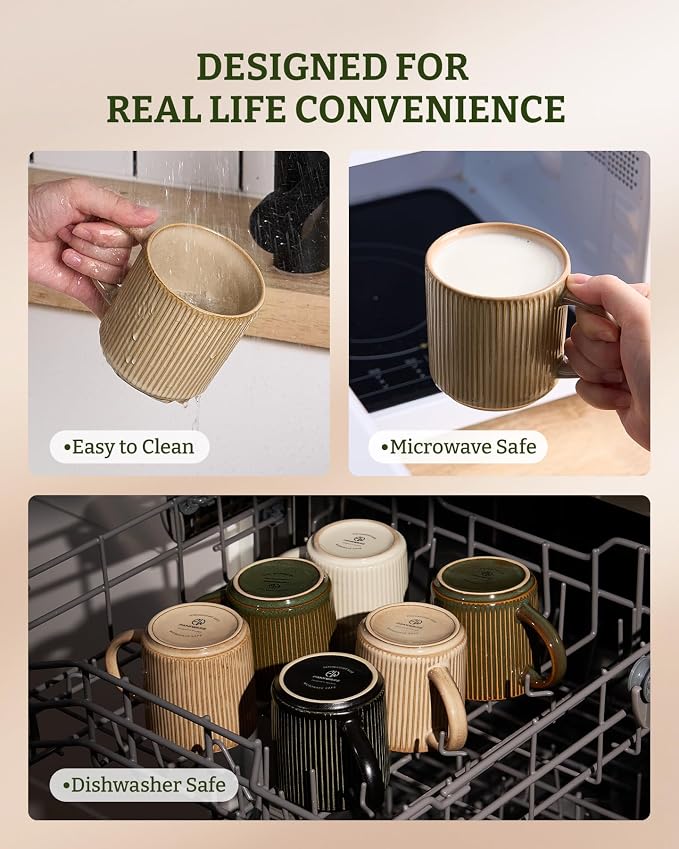 famiware Coffee Mug Set for 6, Star 12 oz Catering Mugs Cup Set with Handle for Coffee, Tea, Cocoa, Milk - Ceramic Stoneware Drinkware Set, Cream