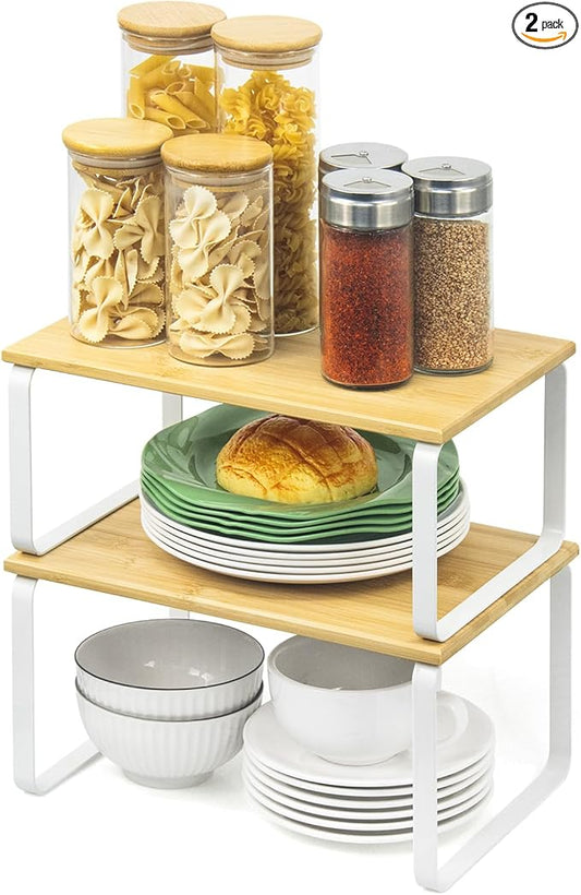JMLHMXC Cabinet Storage Rack, 2-Piece Kitchen Countertop Shelf, Kitchen Storage Rack, Spice Rack, Stackable, Expandable - White Legs
