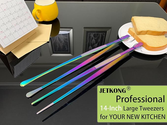JETKONG 2 Pcs 14-Inch Culinary Tweezers Extra Long Food Tweezers Kitchen Tweezer Tongs for Cooking Grilling and BBQ (Rainbow)