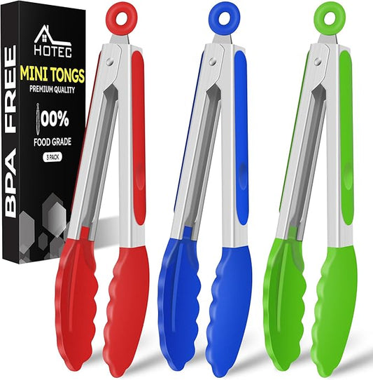 Hotec Mini Silicone Kitchen Tongs for Cooking - 7-Inch Small Serving Tongs with Silicone Tips, Set of 3 (Red,Blue,Green)
