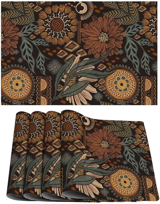 Boho Floral Botanical Placemats Set of 4 Vintage William Morris Washable Heat Resistant Place Mats for Dining Table Rustic Nature Moody Dark Academia Woven Wipeable Kitchen Table Mats Brown