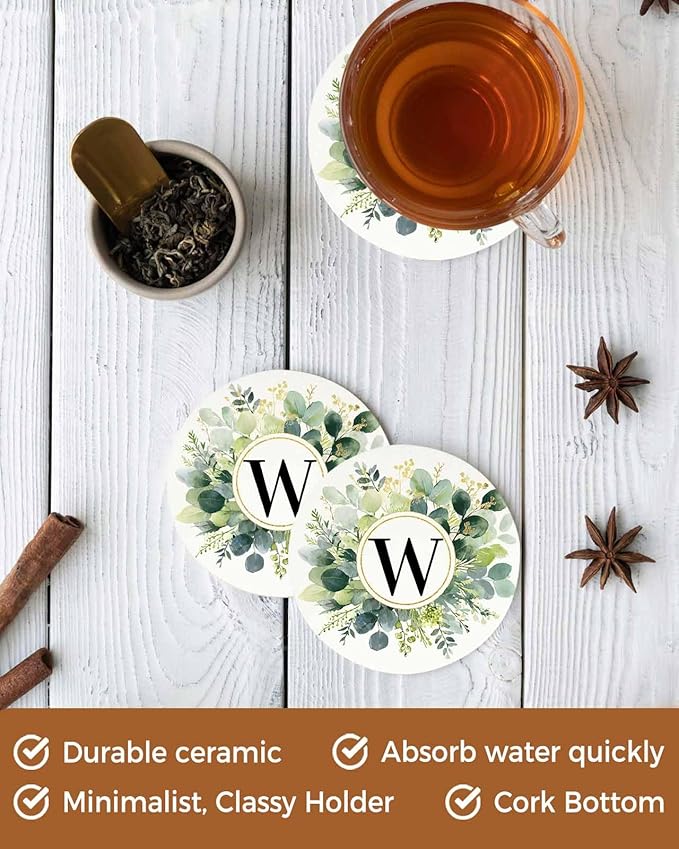 Coasters Set of 6 Letter W Drink Coasters with Holder Absorbent Stone Ceramic Cup Mat Alphabet Green Eucalyptus Leaves Coaster for Drinks Coffee Bar Office Kitchen Cafe Home Decor