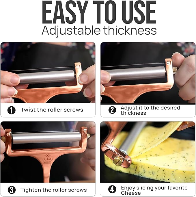 Zulay Adjustable Cheese Slicer - Wire Slicer For Mozzarella, Cheddar, Gouda - Heavy Duty With 2 Extra Wires (Copper)