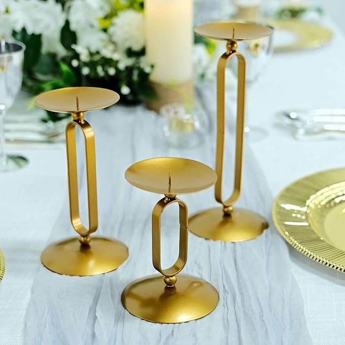 Efavormart Set of 3 | Gold Metal Geometric Oval Design Pillar Candle Holder Stands, Candle Centerpieces - Assorted Sizes
