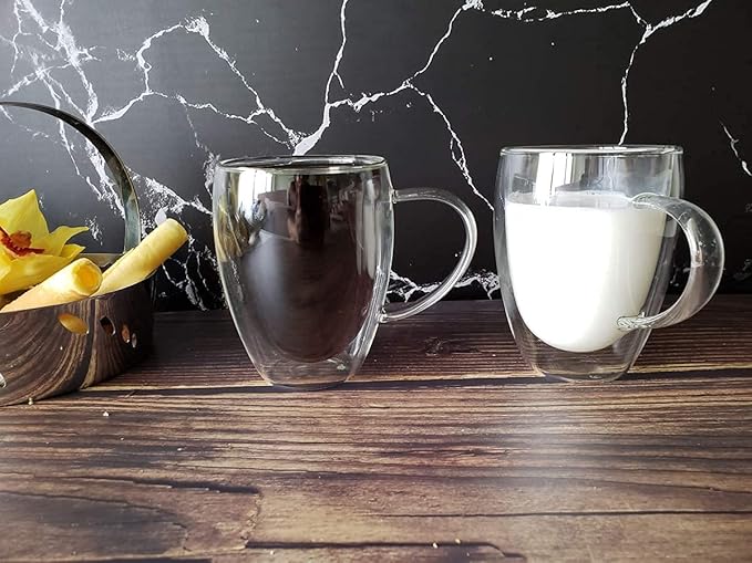Gmark Large Coffee Mugs Set of 2 (12 oz, 350 ml), Double Wall Tumbler Glass Cup, Insulated Coffee Cups for Tea, Latte, Espresso, Juice, or Water GM2029