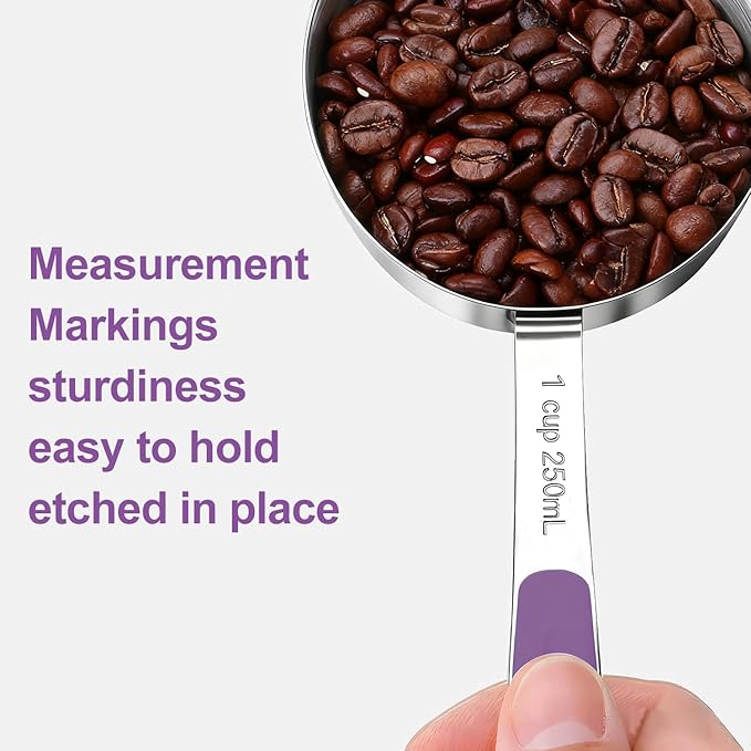 Bopei Measuring Cups and Spoons Set Stainless Steel 10 Piece for Cooking and Baking (5 Cups + 5 Spoons, Purple Handle)