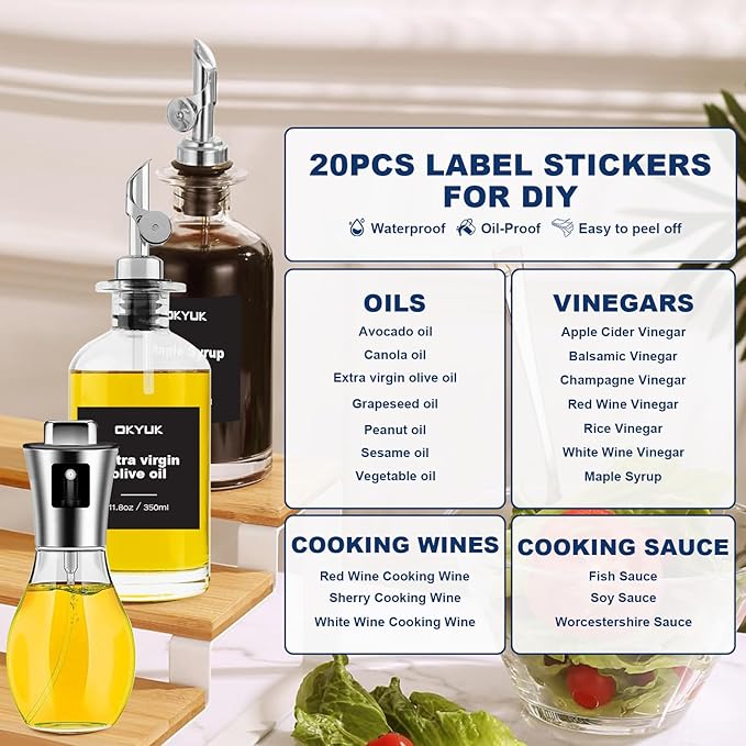 OKYUK Olive Oil Dispenser Bottle & Oil Sprayer for Cooking, Oil and Vinegar Dispenser Set, with Bamboo Tray, 20 Labels, Coffee Syrup Dispenser Oil Bottles for Kitchen
