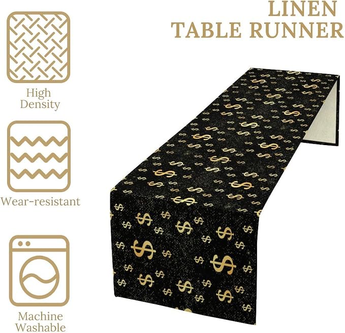 Funny Dollar Table Runner, Cartoon Gold Abstract Art Dollar Bill Symbol Plant Moon Owl Plant Table Decor Table Top Dining Kitchen Wedding Party 13x108 Inch