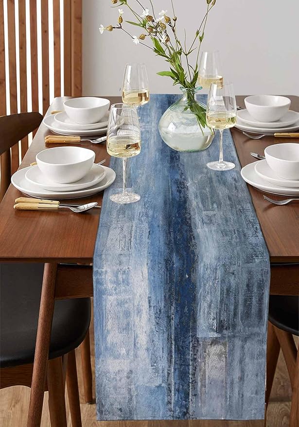 Burlap Linen Table Runner - 90 Inch Long, Retro Rustic Art Abstract Modern Decor Kitchen Dining Table Runner Dresser Scarves, Blue Ombre Painting Farmhouse Decor for Coffee Table Wedding Party Banquet