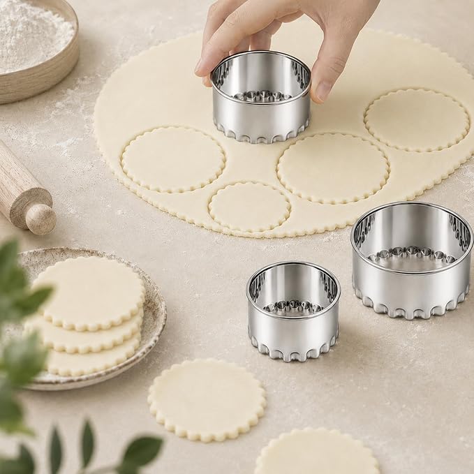 Biscuit Cutters, Round Cookie Cutters/Stainless Steel Dumpling Cutters/Cake Pastry Cutters/Scone Cutters Molds stamps for Cooking Baking (3Pcs, Fluted Edge)