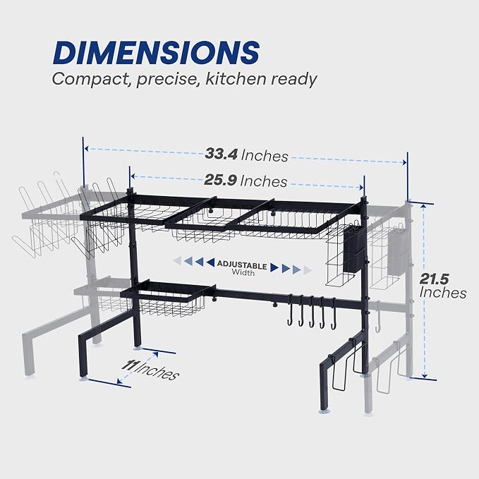 Over The Sink Dish Drying Rack - Adjustable 26.8"-34.6" Stainless Steel Large Dish Rack Over Sink Drying Rack with Utensil Holder, Black