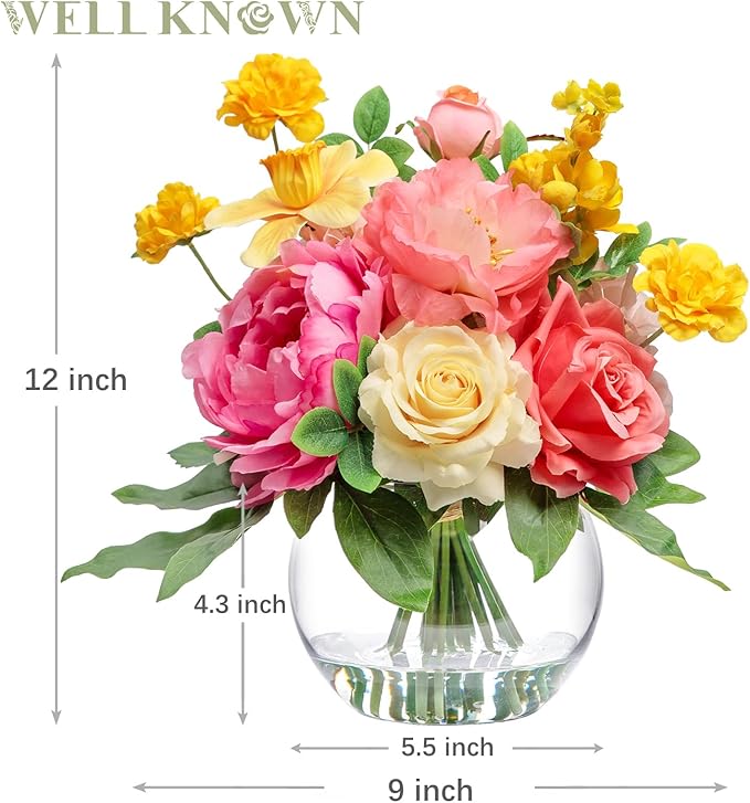 Artificial Flowers Centerpieces in Glass Vase with Fake Water, Silk Rose Peony & Daffodil Bouquet with Vase for Birthday Party Wedding Dinning Table Office Hotel Decor Gift (Yellow, Coral & Hot Pink)