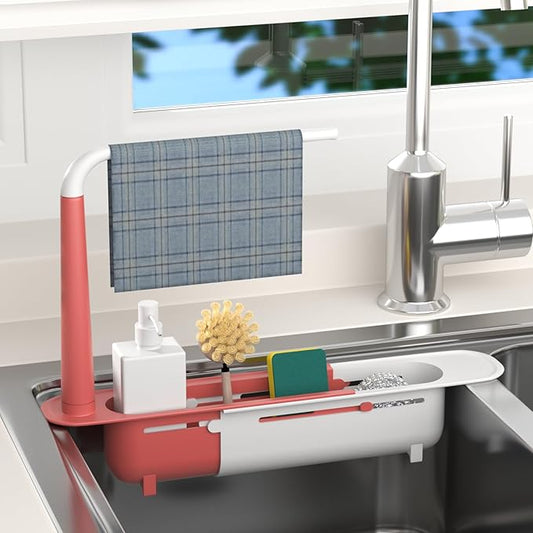 Telescopic Sink Storage Rack with 2 Sponge - Sink Caddy Sponge Holder for kitchen sink(Pink)