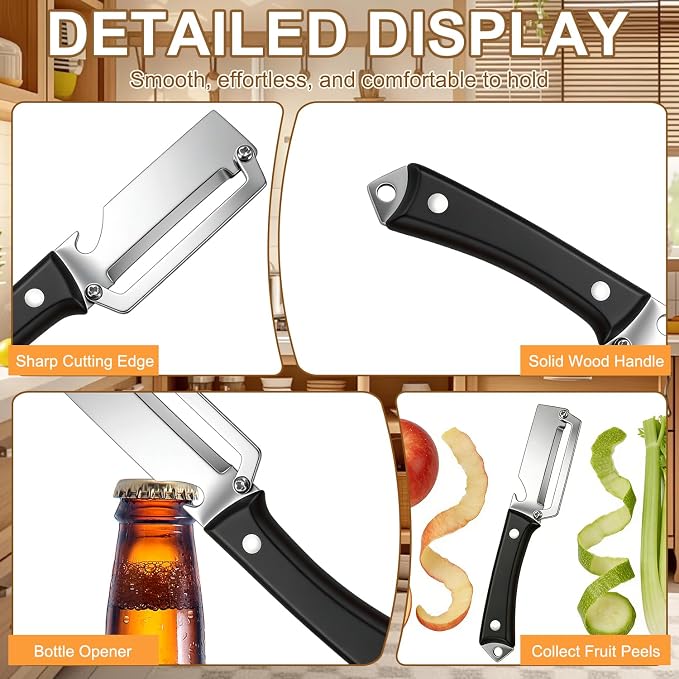 2026 Upgrade Premium Vegetable Peeler,with Wooden Handle and Bottle Opener,3-in-1 Stainless Steel Kitchen Tool,Easy to Clean for Fruit Potato Pumpkin Papaya(2 Pcs)