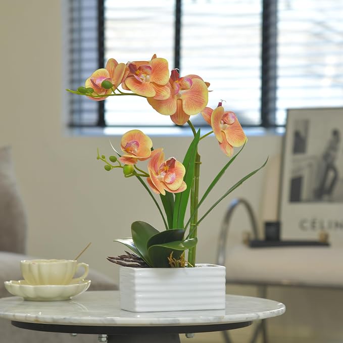 Artificial Real Touch Orchid Flowers in Pot Fake Phalaenopsis Flower with White Ceramic Vase Faux Orchids Arrangement for Home Table Office Wedding Party Decoration (Orange)