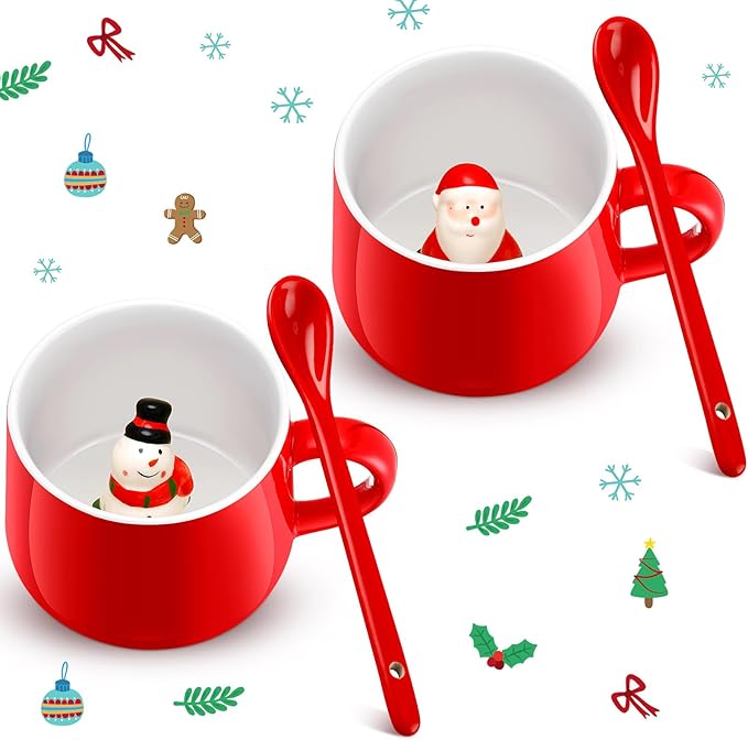 Uiifan 2 Sets 3D Christmas Coffee Mugs with Ceramic Spoon Santa Snowman Cups 13.5 oz Cute Hot Cocoa Mug Animal Inside Mugs Cartoon Ceramic Cup Christmas Gifts for Women Men Birthday Party Supplies