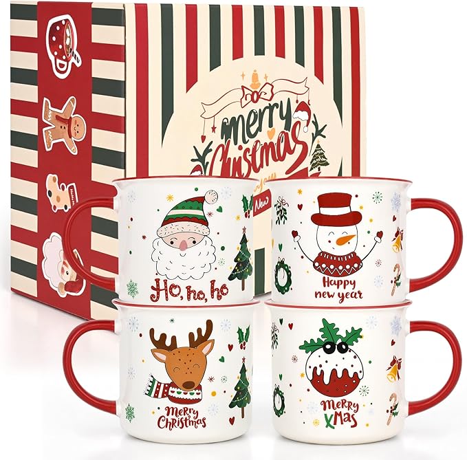 YHRJWN Christmas Mugs Set of 4, Festive Design Coffee Mugs with Santa Snowman Reindeer, Holiday Mugs for Hot Cocoa, Gifts for Family Friends, Holiday Decor, 13 Oz