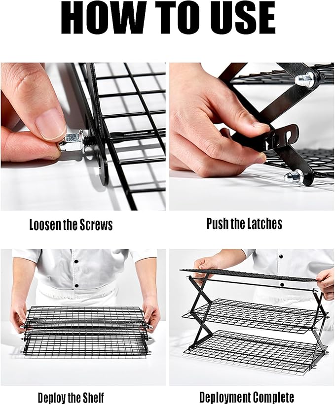 3/4-Tier Collapsible Cooling Rack – Expand to Bake, Collapse to Save Space, Adjustable Stack Multi-tier Cooling BAKEWARE, Cool Dozens of Cookies, Cakes, Pastries, 1s Folds Flat (3 Tiers)