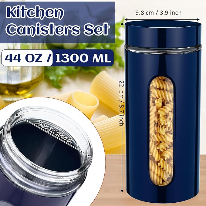 Mimorou 6 Pack Kitchen Canisters Set Airtight Coffee Sugar Tea Storage Jars with Window Glass Stainless Steel Containers with Lids for Flour Cookies Spices Grains Kitchen Decorations(Navy Blue,44 oz)