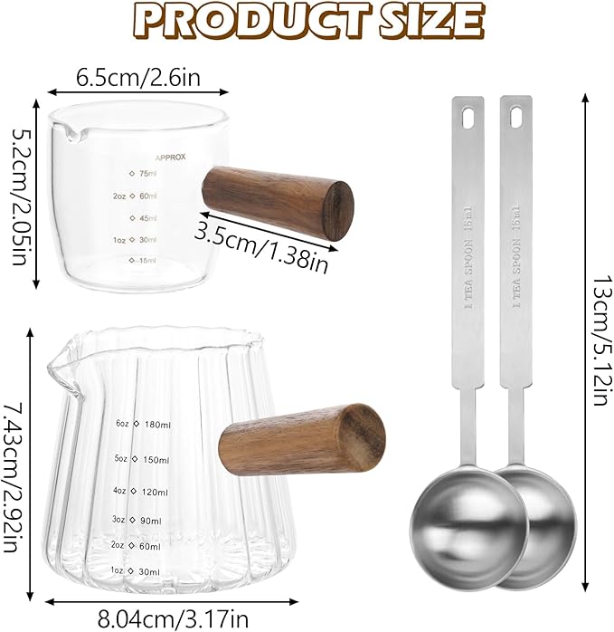 2 PCS Espresso Shot Glass with 2PCS Coffee Measuring Spoons, Single Spout Glass Measuring Cup with Wood Handle, Espresso Shot Cups with Dual Scale, Espresso Accessories for Coffee Milk (6.0oz, 2.5oz)