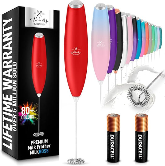 Zulay Powerful Milk Frother for Coffee with Upgraded Titanium Motor - Handheld Electric Whisk, Milk Foamer, Mini Mixer & Coffee Blender for Frappe, Latte, Matcha, No Stand - Fire Red